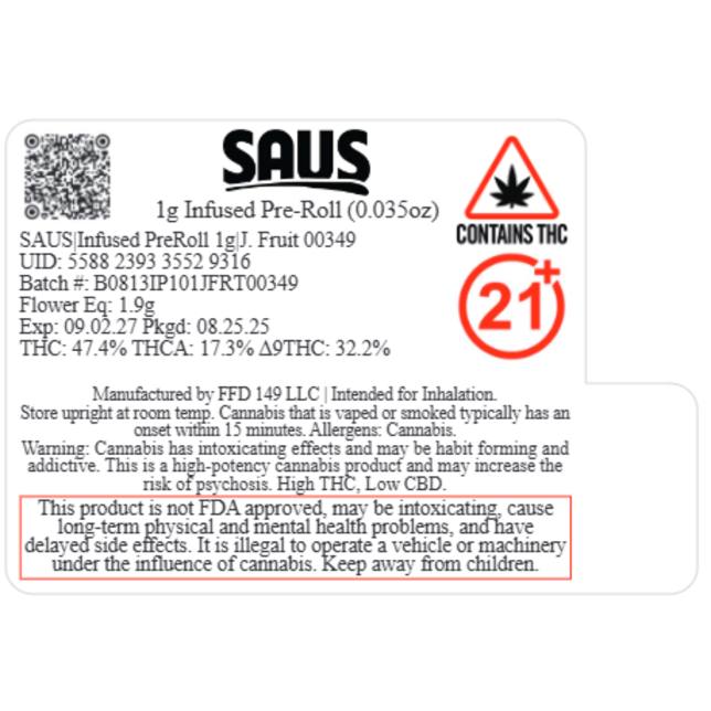 SAUS - J. Fruit (S) Infused Pre-Roll 1pk (1g) C0140000349 - Image 2