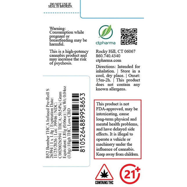 CTPharma - B52 Bomber (S) THCA Infused Pre-Roll 1pk (1g) C0020026594 - Image 2
