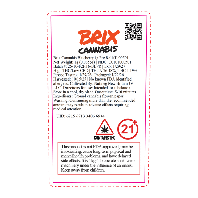 BRIX Cannabis - Blueberry (I) 1g Pre-Roll 1pk (1g) C0101000501 - Image 2