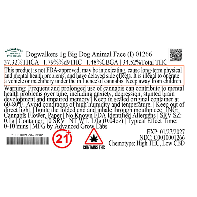 Dogwalkers - Animal Face (I) 1g Pre-Roll 1pk (1g) C0010001266 - Image 3