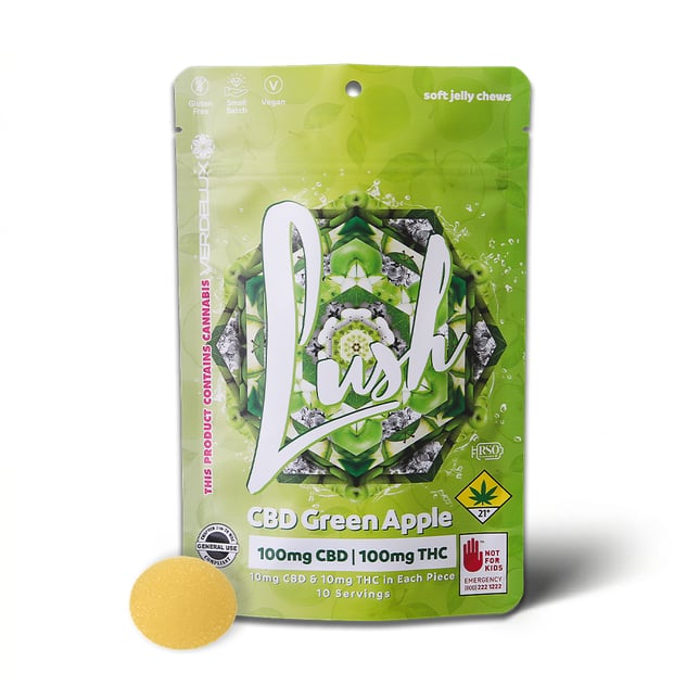 Gummies Lush Green Apple 1:1 (DOHC) Edibles - 10pk 100mg CBD | 100mg THC - Image 1 Gummies Lush Green Apple 1:1 (DOHC) Edibles - 10pk 100mg CBD | 100mg THC - Image 1