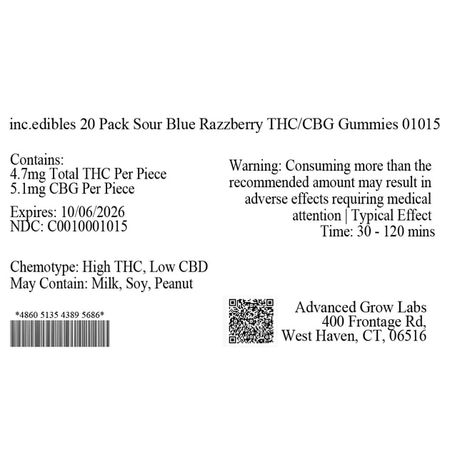 inc.edibles - Sour Blue Razzberry (H) Gummies (4.7mg THC 5.1mg CBG 20pk) C0010001015 - Image 3