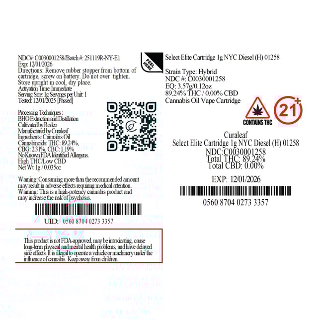 Select NYC Diesel (H) Elite Vape Cartridge C0030001258 - Image 3 Select NYC Diesel (H) Elite Vape Cartridge C0030001258 - Image 3