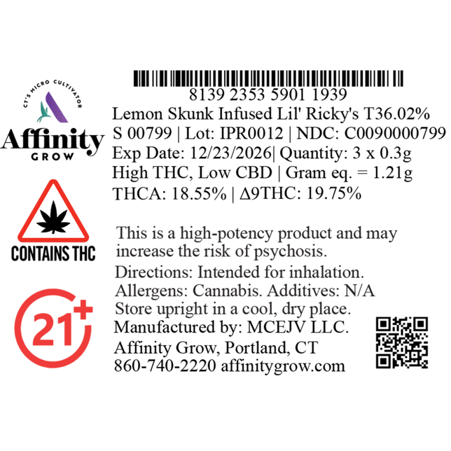 Affinity Grow - Lemon Skunk (S) Infused Lil' Ricky 0.3g Pre-Rolls 3pk (0.9g) C0090000799 - Image 2