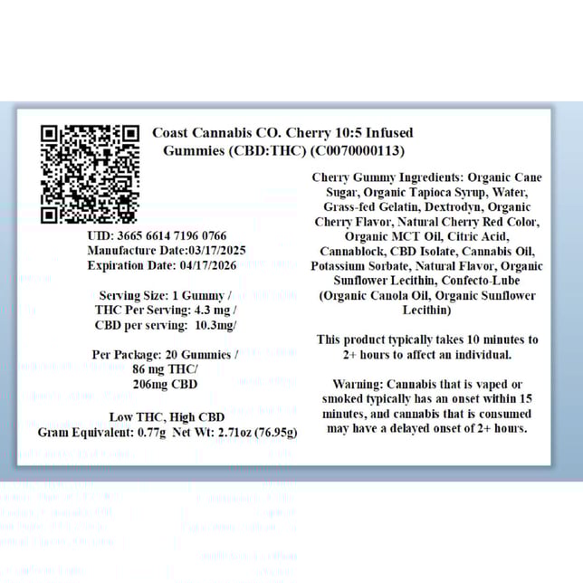 Coast Cannabis Co. - Cherry THC:CBD (I) Gummies (4.3mg THC 10.3mg CBD 20pk) C0070000113 - Image 2
