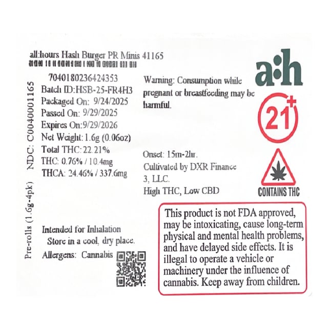 all:hours - Hash Burger (I) 0.4g Pre-Rolls 4pk (1.6g) C0040001165 *NP - Image 2
