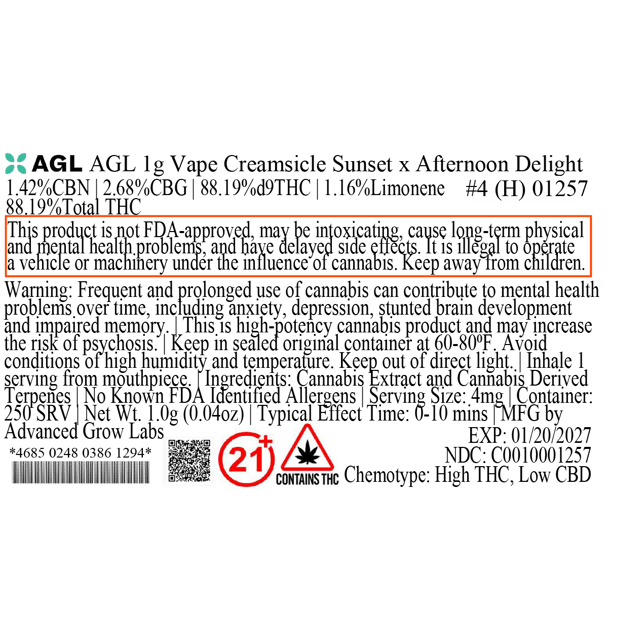 AGL  Creamsicle Sunset x Afternoon Delight #4 (H) Vape Cartridge  C0010001257 - Image 3