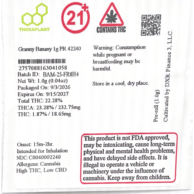 Theraplant - Granny Banany (S) 1g Pre-Roll 1pk (1g) C0040002240 - Image 2
