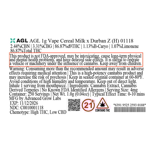 AGL  Cereal Milk x Durban Z (H) Vape Cartridge  C0010001118 - Image 3