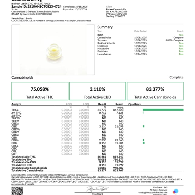 Rodeo Cannabis  BAS (H) Live Resin Badder  C0070000282 - Image 3