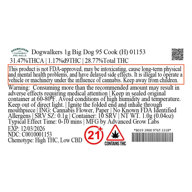 Dogwalkers - 95 Cook (H) 1g Pre-Roll 1pk (1g) C0010001153 - Image 3