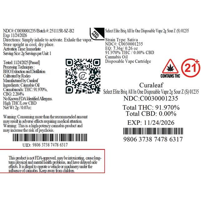 Select - Sour Z (S) BRIQ Disposable Vape (2g) C0030001235 - Image 2