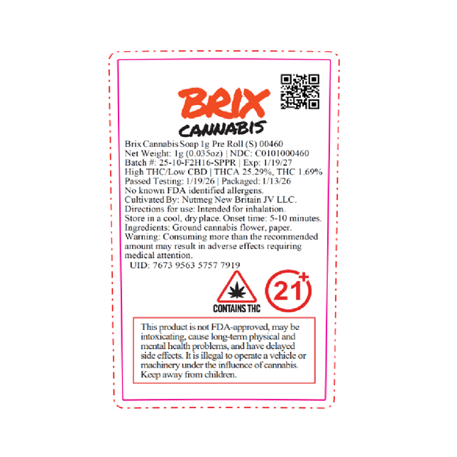 BRIX Cannabis - Soap (S) 1g Pre-Roll 1pk (1g) C0101000460 - Image 2