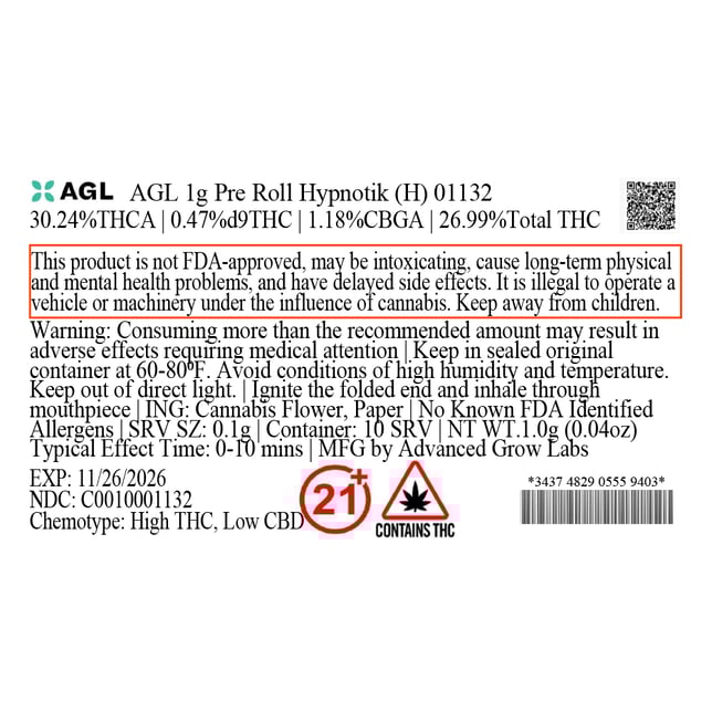 AGL - Hypnotik (H) 1g Pre-Roll 1pk (1g) C0010001132 - Image 3
