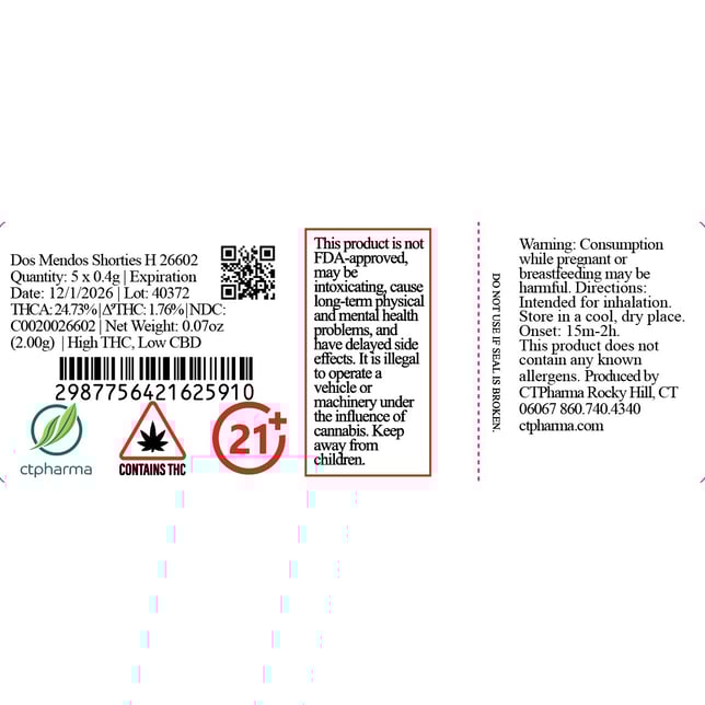 CTPharma - Dos Mendos (H) 0.4g Pre-Rolls 5pk (2g) C0020026602 - Image 2