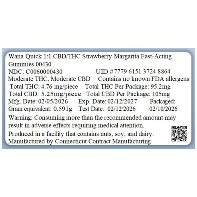 Wana - Strawberry Margarita (H) Fast Acting Gummies (4.76mg THC 5.25mg CBD 20pk) C0060000430 - Image 2