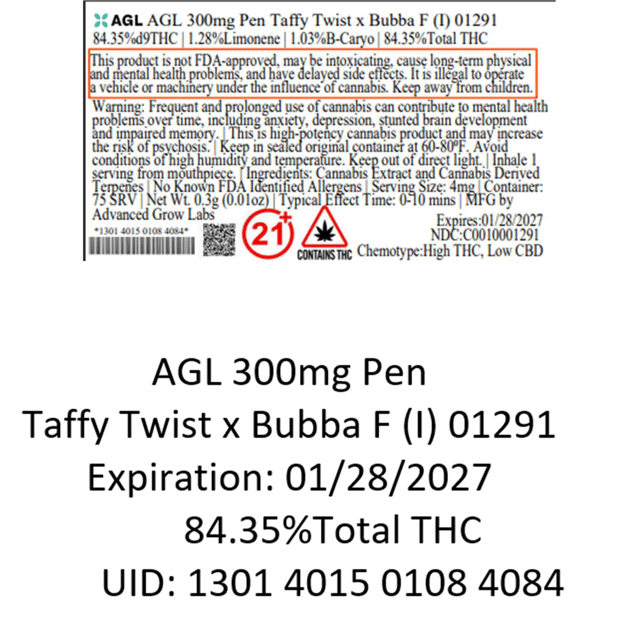 AGL - Taffy Twist x Bubba F (I) Disposable Vape (0.3g) C0010001291 - Image 3