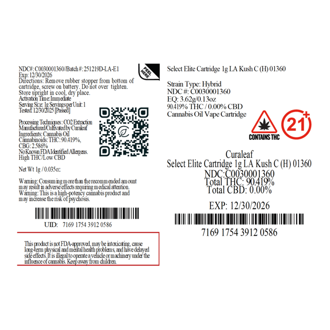 Select  LA Kush C (H) Elite Vape Cartridge  C0030001360 - Image 3