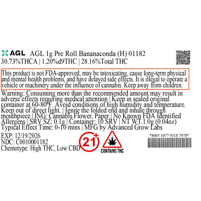 AGL - Bananaconda (H) 1g Pre-Roll 1pk (1g) C0010001182 - Image 3