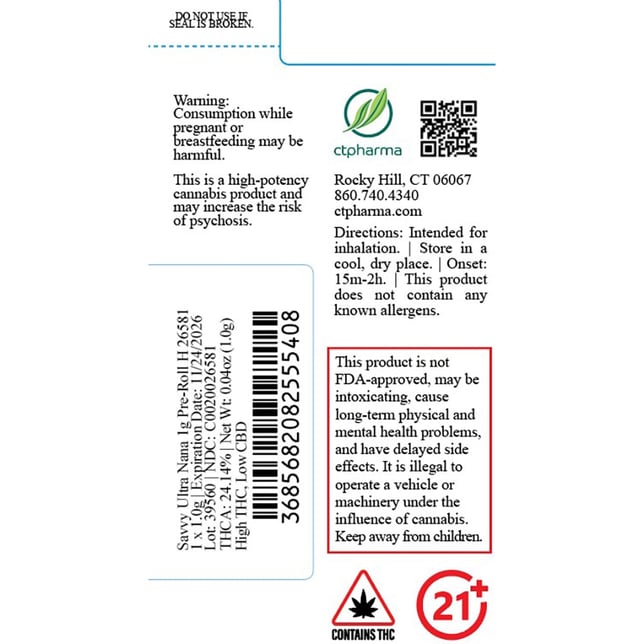 Savvy - Ultra Nana (H) 1g Pre-Roll 1pk (1g) C0020026581 *NP - Image 2