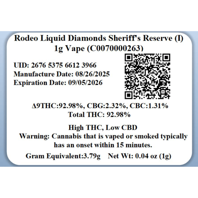 Rodeo Cannabis Sheriff's Reserve (I) Vape Cartridge C0070000263 - Image 3
