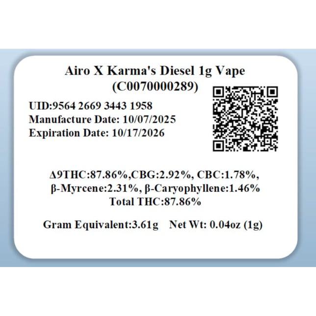 Airo - Karma's Diesel (S) Live Resin AiroX Disposable Vape (1g) C0070000289 - Image 2