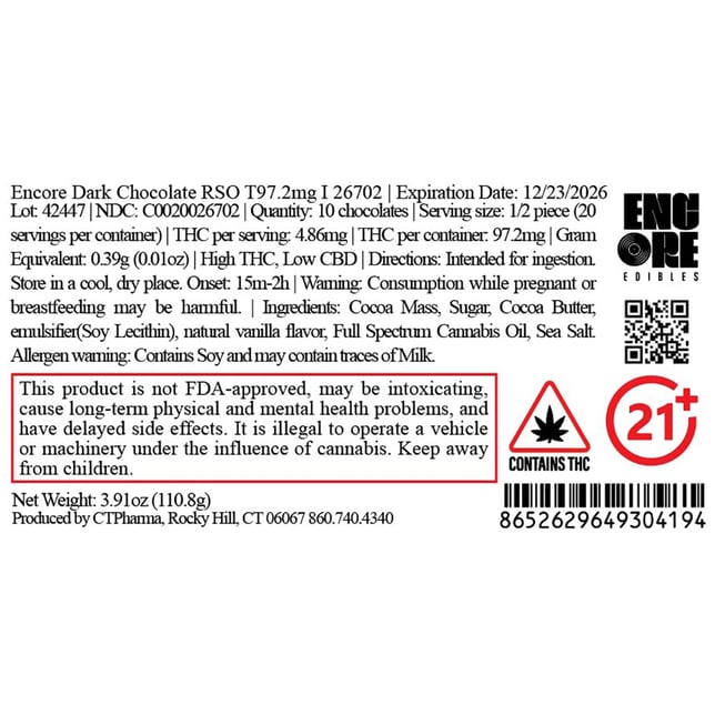 Encore - Dark (I) RSO Chocolate (9.72mg 10pk) C0020026702 - Image 2