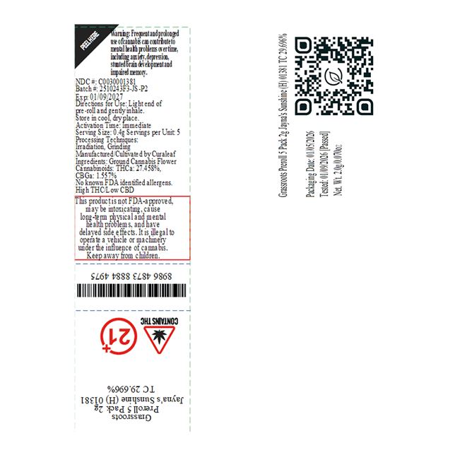 Grassroots - Jayna's Sunshine (H) 0.4g Pre-Rolls 5pk (2g) C0030001381 - Image 2 Grassroots - Jayna's Sunshine (H) 0.4g Pre-Rolls 5pk (2g) C0030001381 - Image 2