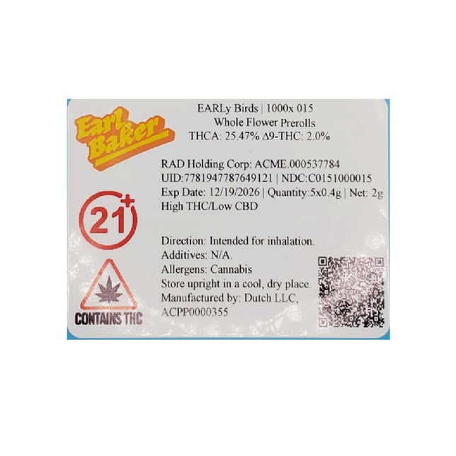 Early Birds - 1000x (H) 0.4g Pre-Rolls 5pk (2g) C0151000015 - Image 3