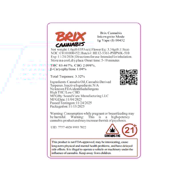 BRIX Cannabis  Inkowgnito Mode (I) Vape Cartridge  C0101000452 - Image 2