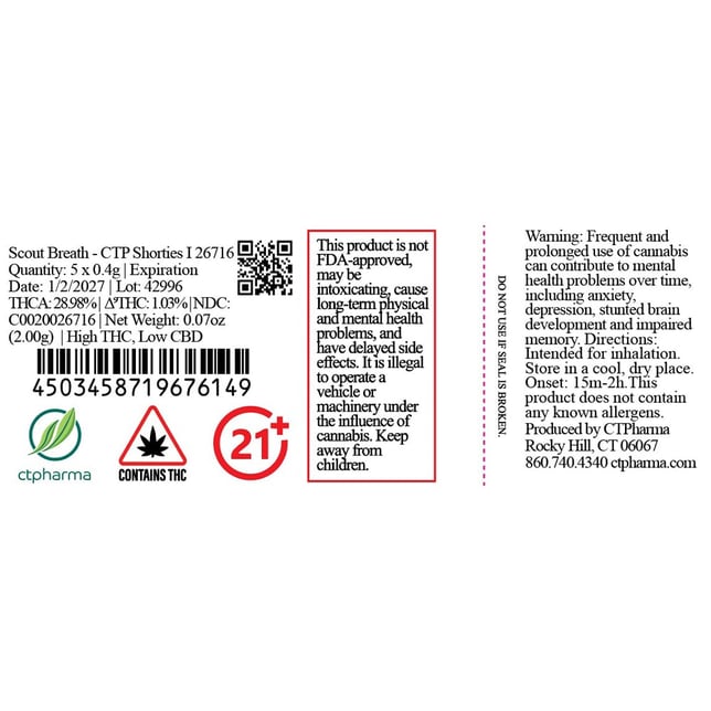 CTPharma - Scout Breath (H) 0.4g Pre-Rolls 5pk (2g) C0020026716 - Image 2
