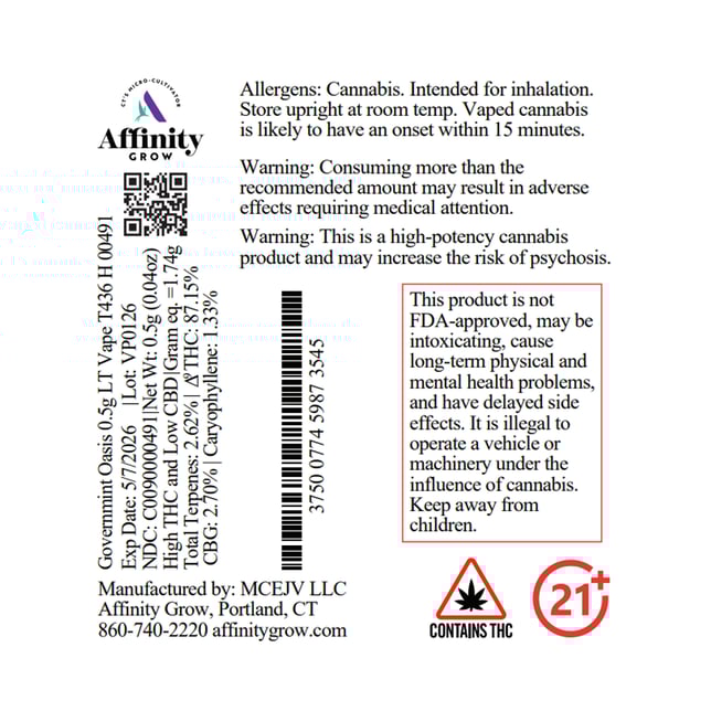 Affinity Grow Governmint Oasis (H) LT Vape Cartridge C0090000491 *NP - Image 2 Affinity Grow Governmint Oasis (H) LT Vape Cartridge C0090000491 *NP - Image 2