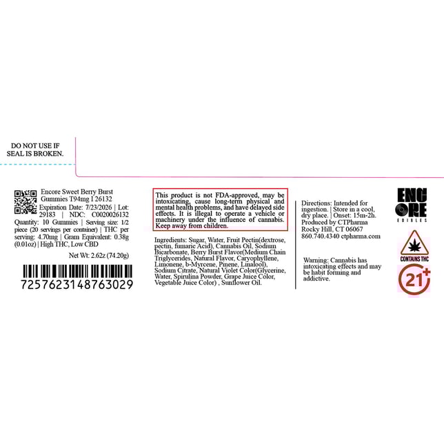 Encore - Sweet Berry Burst (I) Gummies (9.4mg 10pk) C0020026132 - Image 2 Encore - Sweet Berry Burst (I) Gummies (9.4mg 10pk) C0020026132 - Image 2