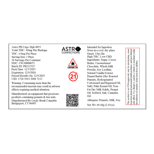 Astro Confections - PB (H) Milk Chocolate Cups (4.9mg 10pk) C0130000053 - Image 2 Astro Confections - PB (H) Milk Chocolate Cups (4.9mg 10pk) C0130000053 - Image 2