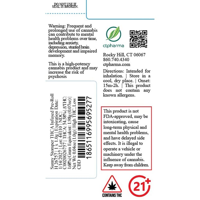 CTPharma - Sunny Stomper (H) THCA Infused Pre-Roll 1pk (1g) C0020026757 - Image 2