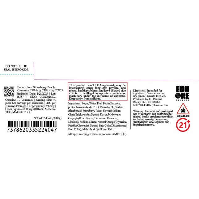 Encore - Sour Strawberry Peach (I) Gummies (9.86mg THC 19.34mg CBD 10pk) C0020026803 - Image 2