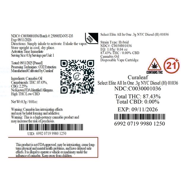 Select - NYC Diesel (H) Elite All In One (0.3g) C0030001036 - Image 2