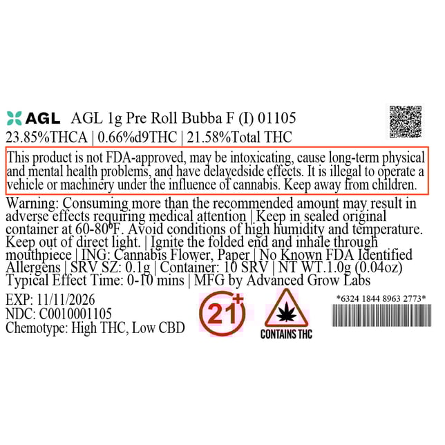 AGL - Bubba F (I) 1g Pre-Roll 1pk (1g) C0010001105 - Image 2