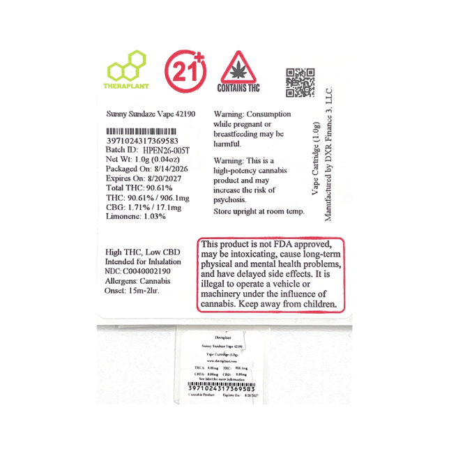 Theraplant  Sunny Sundaze (H) Vape Cartridge  C0040002190 - Image 2