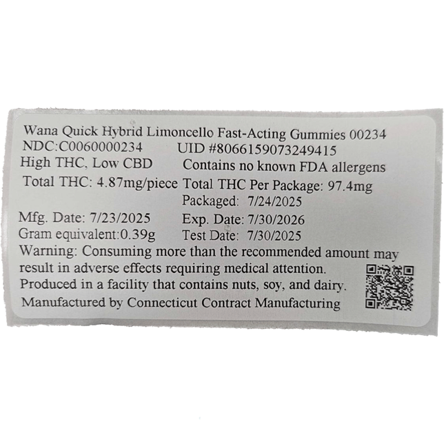 Wana Quick - Limoncello (H) Fast Acting Gummies (4.87mg 20pk) C0060000234 *NP - Image 2 Wana Quick - Limoncello (H) Fast Acting Gummies (4.87mg 20pk) C0060000234 *NP - Image 2