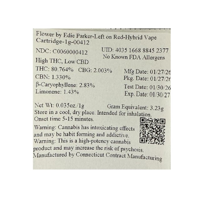 Edie Parker  Left on Red (H) Vape Cartridge  C0060000412 - Image 2