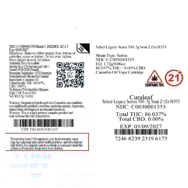 Select  Sour Z (S) Legacy Series Vape Cartridge  C0030001553 - Image 3