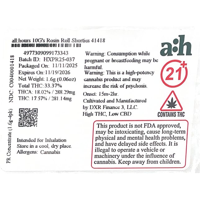 all:hours - 10G's (H) Rosin Roll Shorties 4pk (1.6g) C0040001418 - Image 2