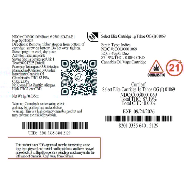 Select  Tahoe OG (I) Elite Vape Cartridge  C0030001069 - Image 3 Select  Tahoe OG (I) Elite Vape Cartridge  C0030001069 - Image 3