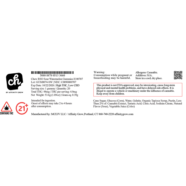 Chew - Sour Watermelon (H) RSO Gummies (4.9mg 20pk) C0090000707 - Image 2 Chew - Sour Watermelon (H) RSO Gummies (4.9mg 20pk) C0090000707 - Image 2