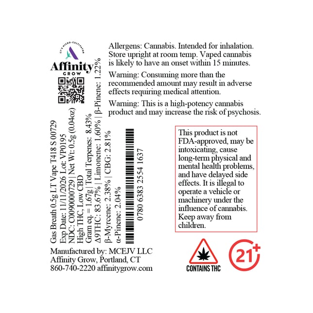 Affinity Grow  Gas Breath (S) LT Vape Cartridge  C0090000729 - Image 2