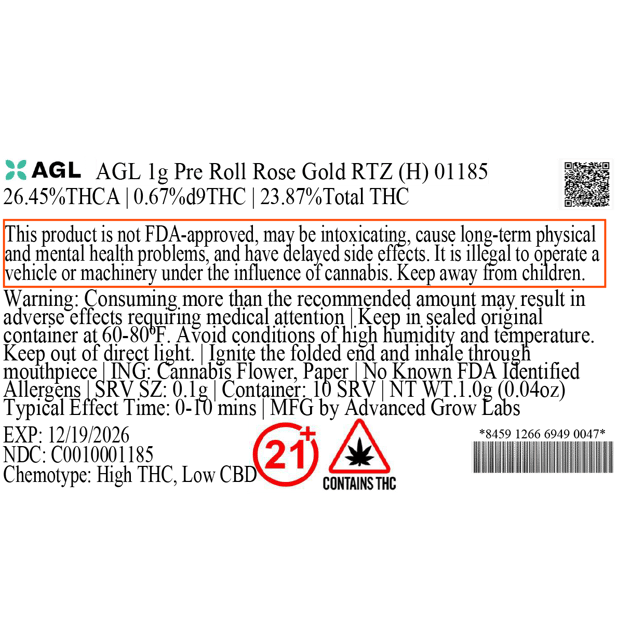 AGL - Rose Gold RTZ (H) 1g Pre-Roll 1pk (1g) C0010001185 - Image 3