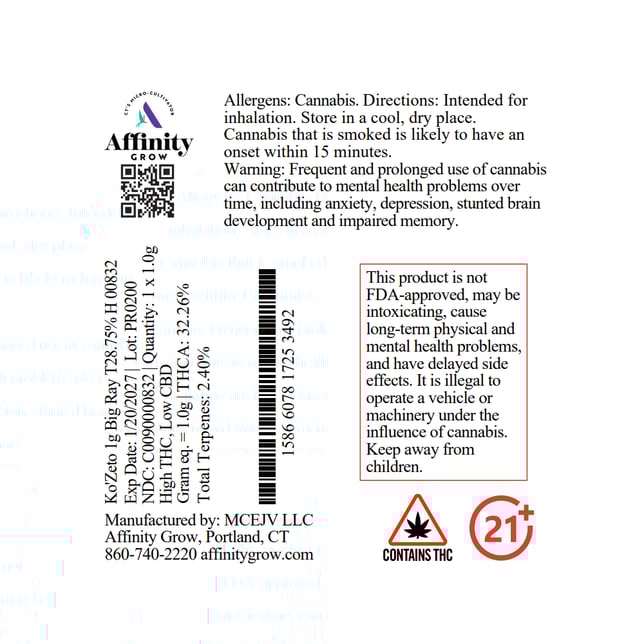Affinity Grow - Ko'Zeto (H) Big Ray 1g Pre-Roll 1pk (1g) C0090000832 - Image 2