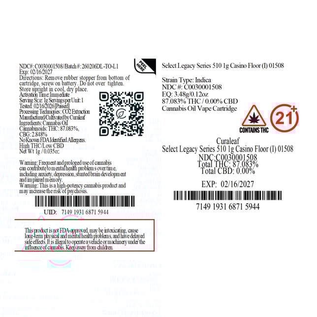 Select  Casino Floor (I) Legacy Series Vape Cartridge  C0030001508 - Image 3