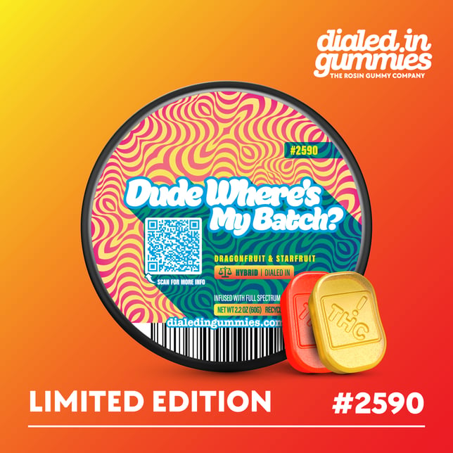 100mg - Dude Where's my Batch? #2590 - Rosin Gummies (10pk) - Image 1 100mg - Dude Where's my Batch? #2590 - Rosin Gummies (10pk) - Image 1